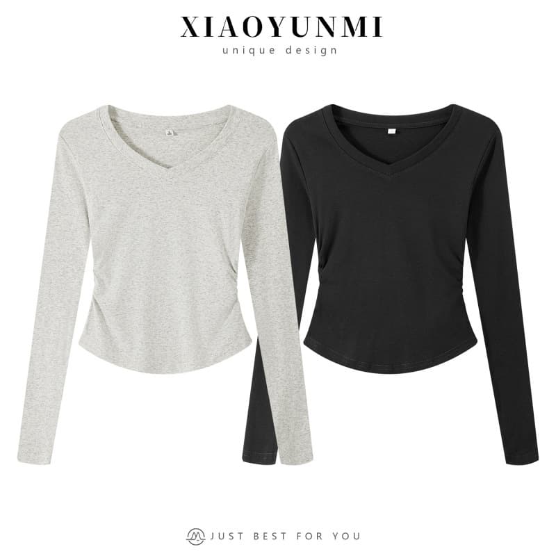 V-Neck Right Shoulder Long-Sleeved T-Shirt for Women with Design Sense Inner Layering Shirt Sexy Top
