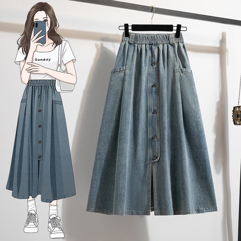 Real shot of cotton denim washed autumn and summer clothing plus size fashionable design slightly fat and slim denim skirt women's long style