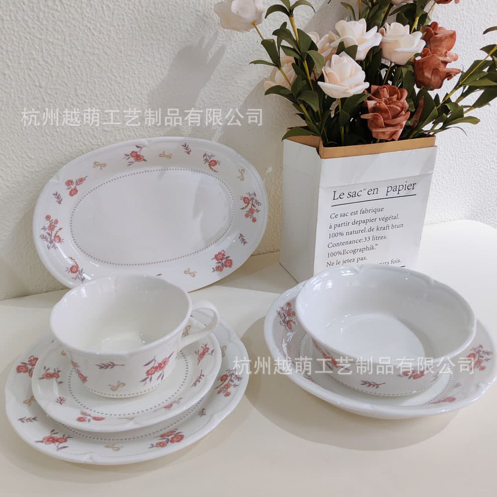 Retro household European elegant ceramic bowl dessert plate dinner plate ceramic tableware set underglaze color restaurant deep plate
