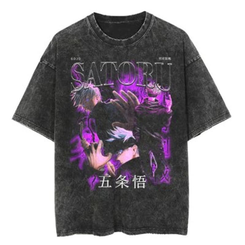 Jujutsu Kaisen Toji Black T-Shirt Japanese Washed Anime Cartoon Print Retro Vintage Digital Style