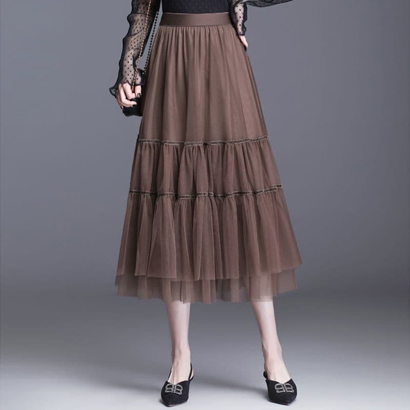 Spring New Chiffon Mesh High-Waist Long Skirt, Elastic Waist Pleated Lace Skirt