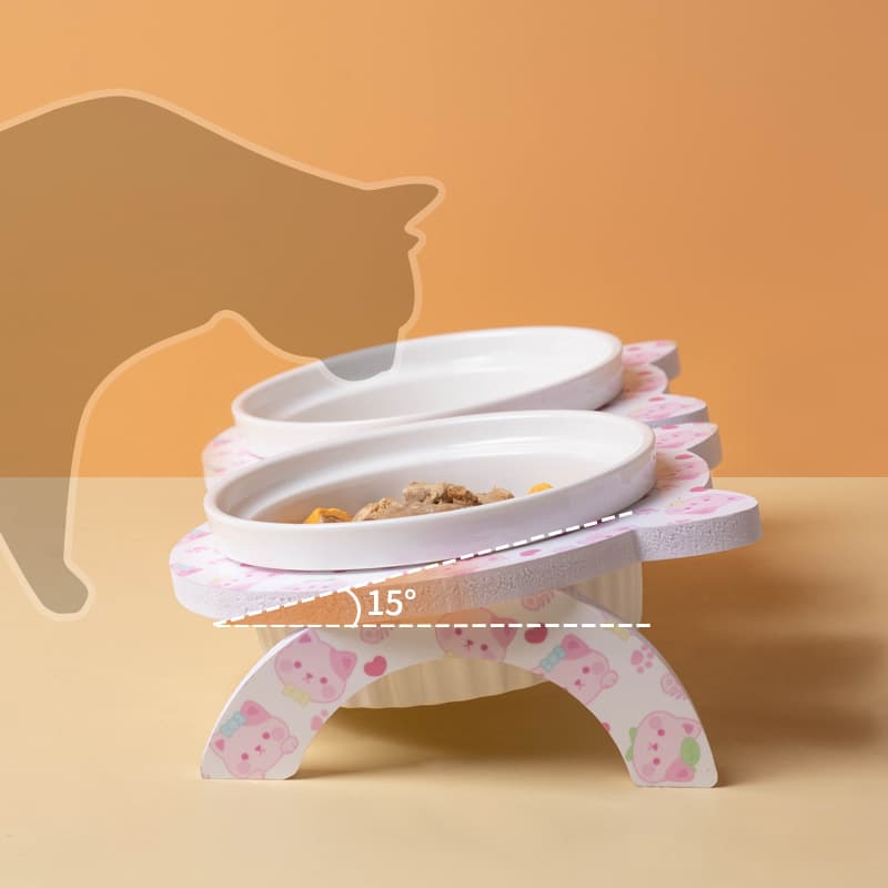 Ceramic Cat Bowl Elevated Neck Protection Double Bowl Anti-Tip Pet Cat Dog Food Water Bowl Angled Design Protects Cervical Spine Anti-Tip
