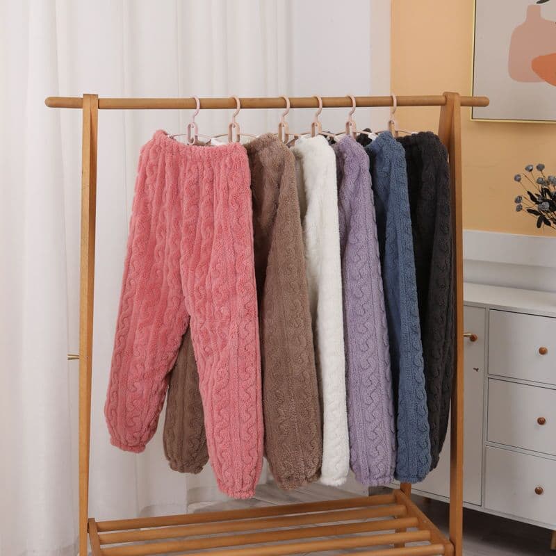 Sweet Home Pants Can Wear Autumn and Winter Linen Pattern Coral Fleece Thickened Warm Elastic Casual Flannel Pajama Pants