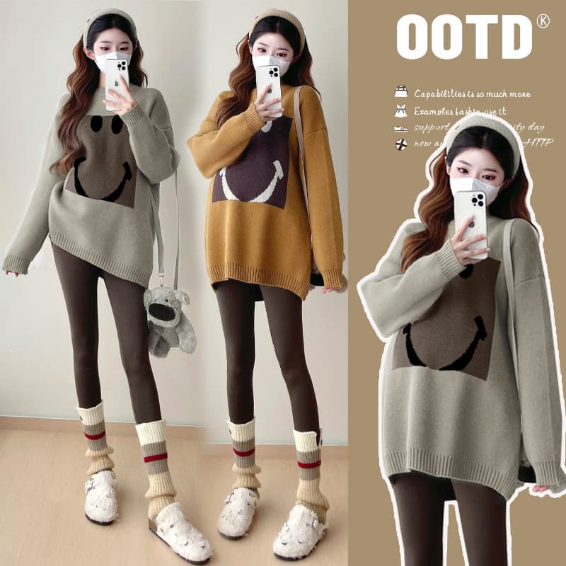 2024 Autumn/Winter Korean Style Loose Fit Plus Size Slimming Smiley Face Knit Sweater