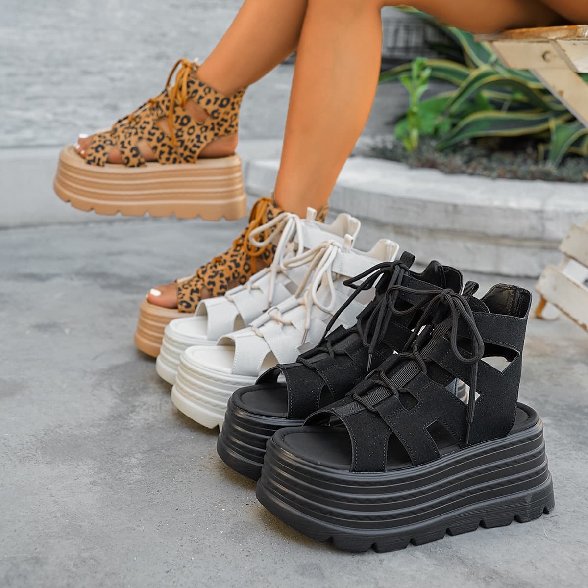 Thick Sole Hollow Open Toe Cross-Border Sandals Women Leopard Print Sandal Boots 2026 Summer New High Heel Platform Versatile Roman Sandals