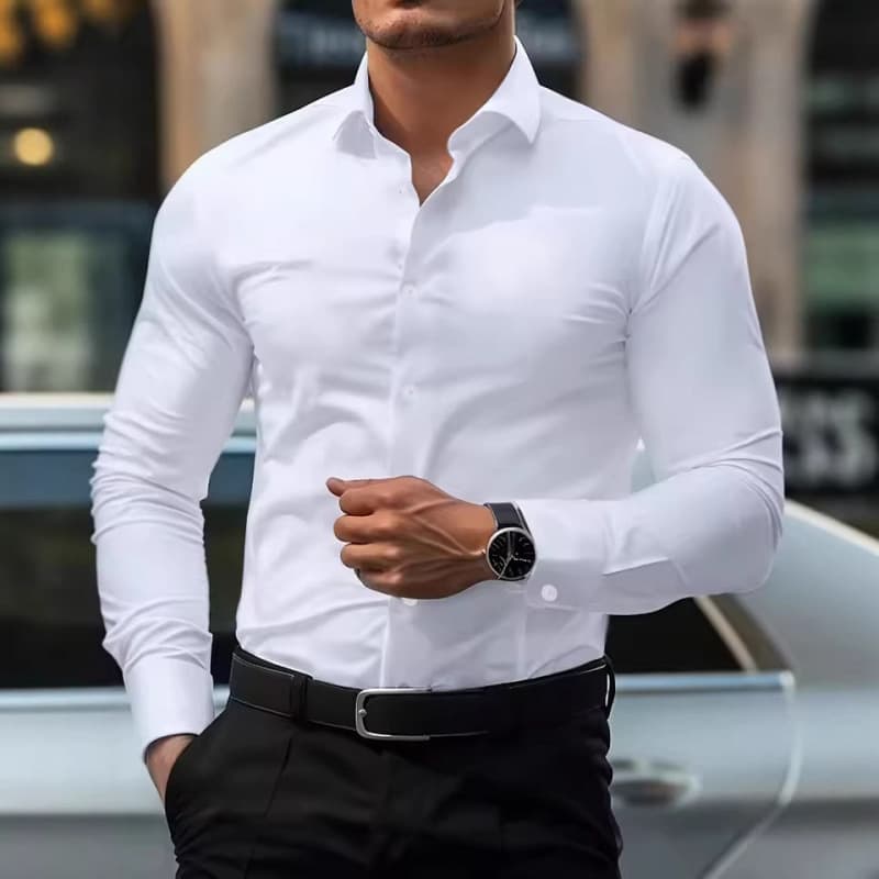 Muscular Fit Men's Business Shirt, Wrinkle-Free Professional Workwear, Summer Casual Long Sleeve Shirt