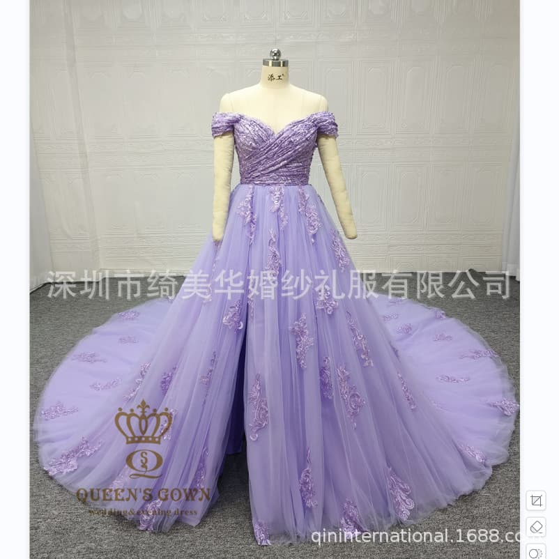 Elegant Purple A-Line V-Neck Off-Shoulder Slit Wedding Dress with Full Skirt Romantic Purple Bridal Gown