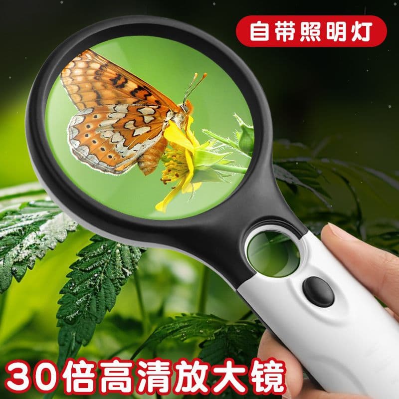 Hot-selling high-definition high-power handheld magnifying glass with LED light for children, students, and elderly reading.