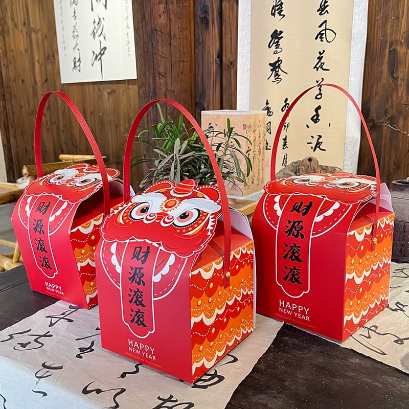 New Year Lion Dance Gift Box Snack Packaging Snowflake Crisp Candy Cookies Takeout Box Dragon Year Lion Dance Snack Gift Bag Paper Box