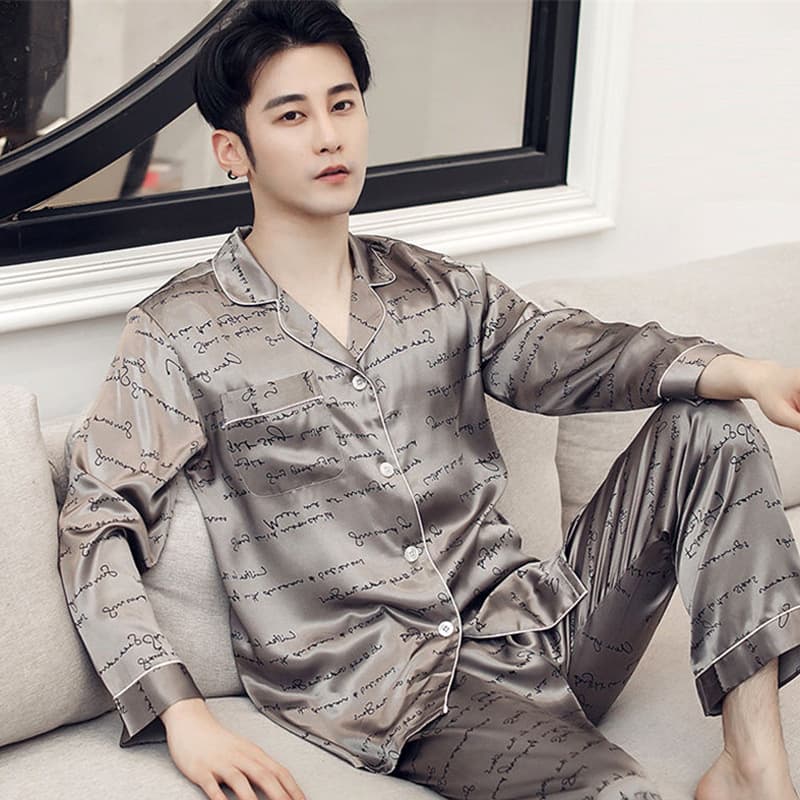 Men's Spring/Autumn Thin Ice Silk Pajamas Long Sleeve Summer Silk Pajamas Short Sleeve Homewear Set Winter