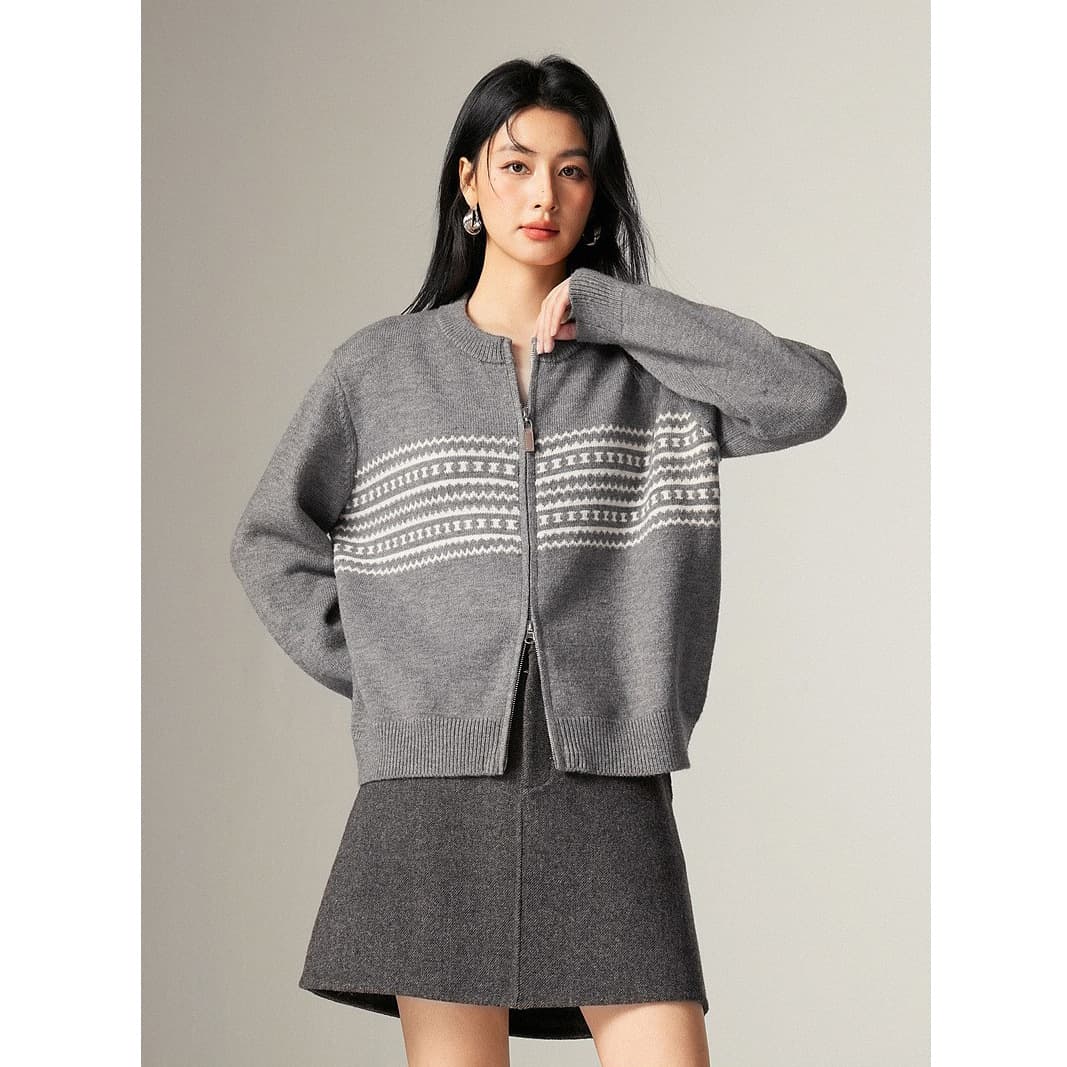 2025 autumn/winter round neck color-block jacquard sweater for women, double zipper design cardigan jacket.