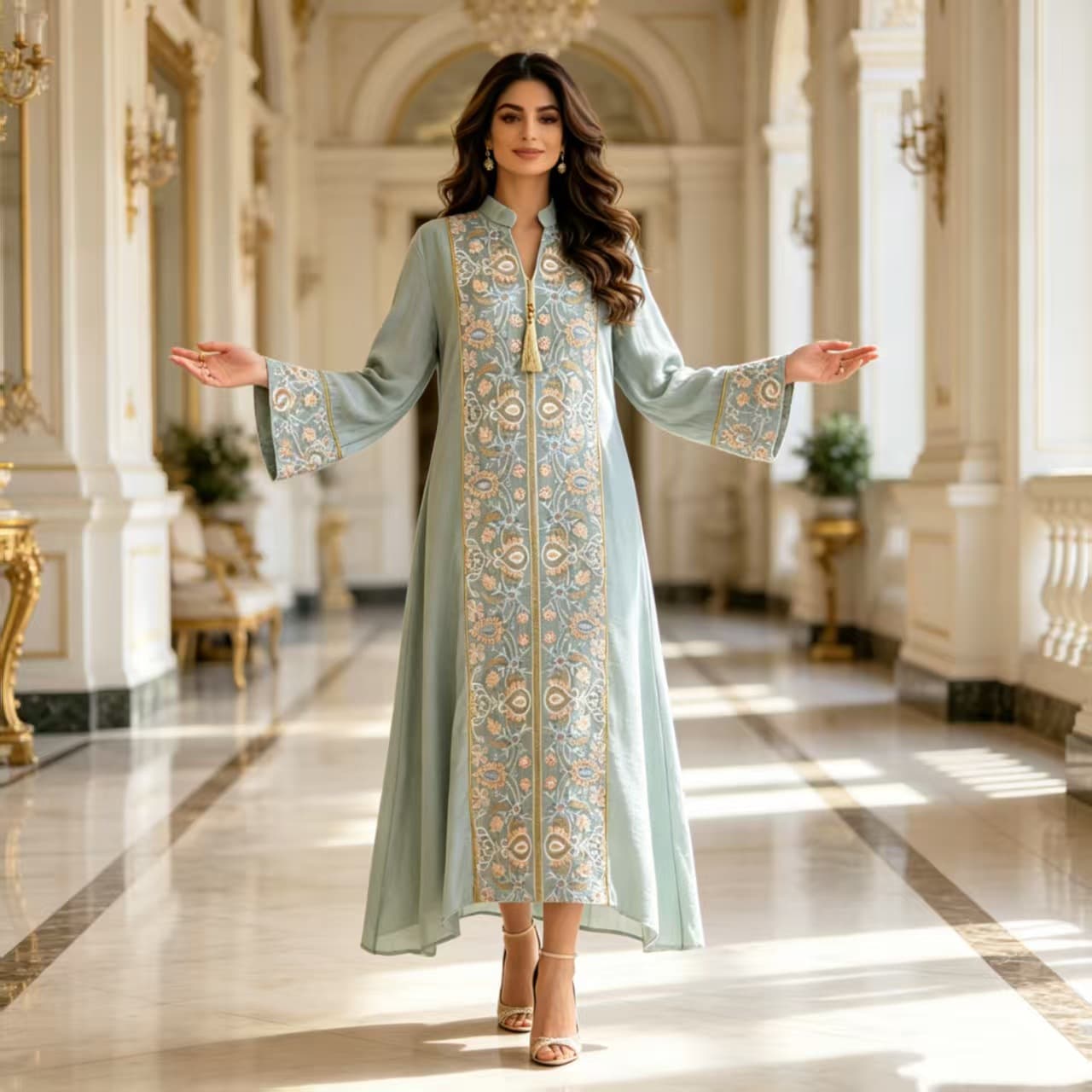 New Embroidered Long Robe Dress for Women Cross-border Elegant V-Neck Ethnic Style Long Dress Foreign Trade Fashion Women's Clothing