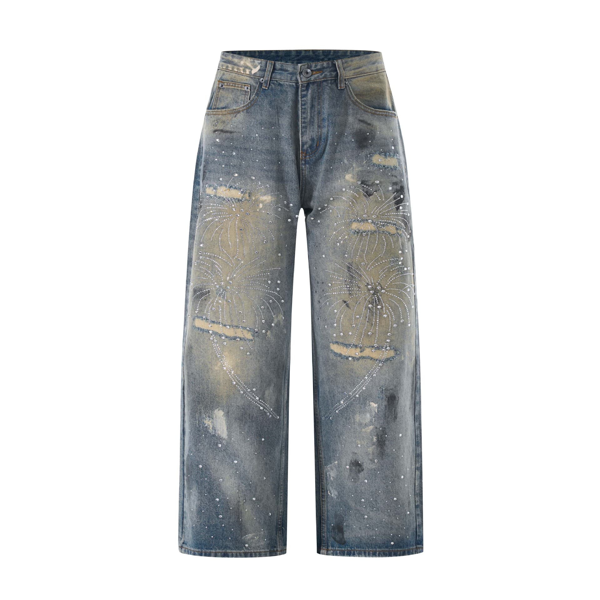 American Street Rhinestone Crystal Jeans for Men and Women, Vintage Washed Distressed, Unique Design, Loose Straight-Leg Long Pants