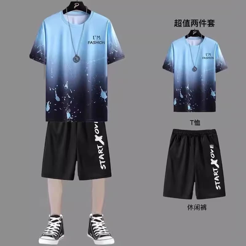 New Quick-Dry Ice Silk Gradient Men's Short Sleeve T-Shirt Summer Casual Shorts Two-Piece Set Stylish Menswear