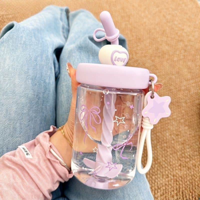 Fantasy Purple Bow Star Straw Mixing Cup Summer High-Looking Portable Cup Girly Heart Cute Water Cup