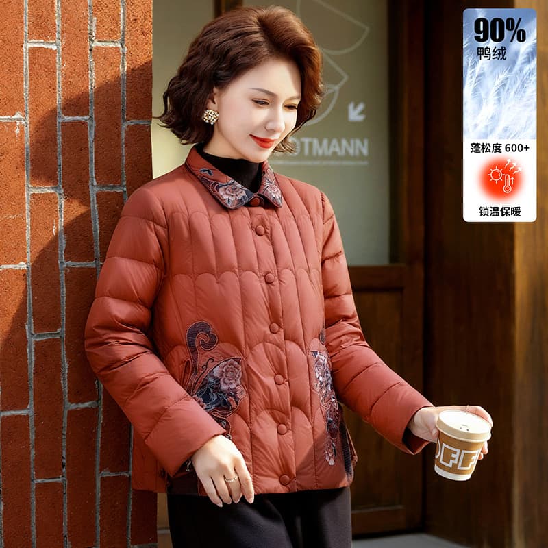 Mother's Autumn/Winter Short Down Jacket, New Chinese-style Lightweight Duck Feather Coat for Middle-aged and Elegant Ladies