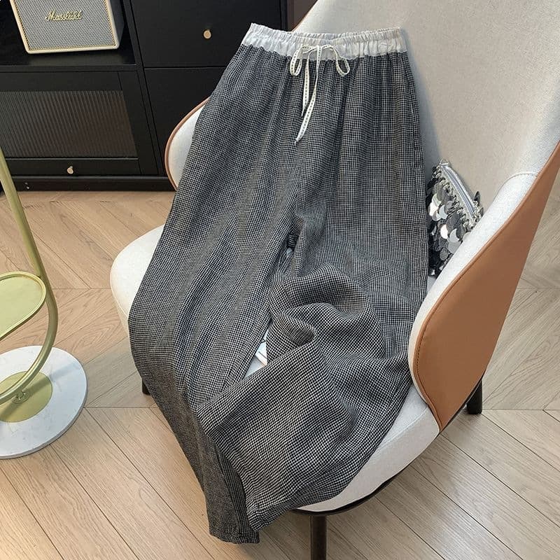 Color-Block Woven Linen Wide-Leg Pants for Women Summer New Drawstring Plaid Loose Straight-Leg Cotton Linen Casual Pants