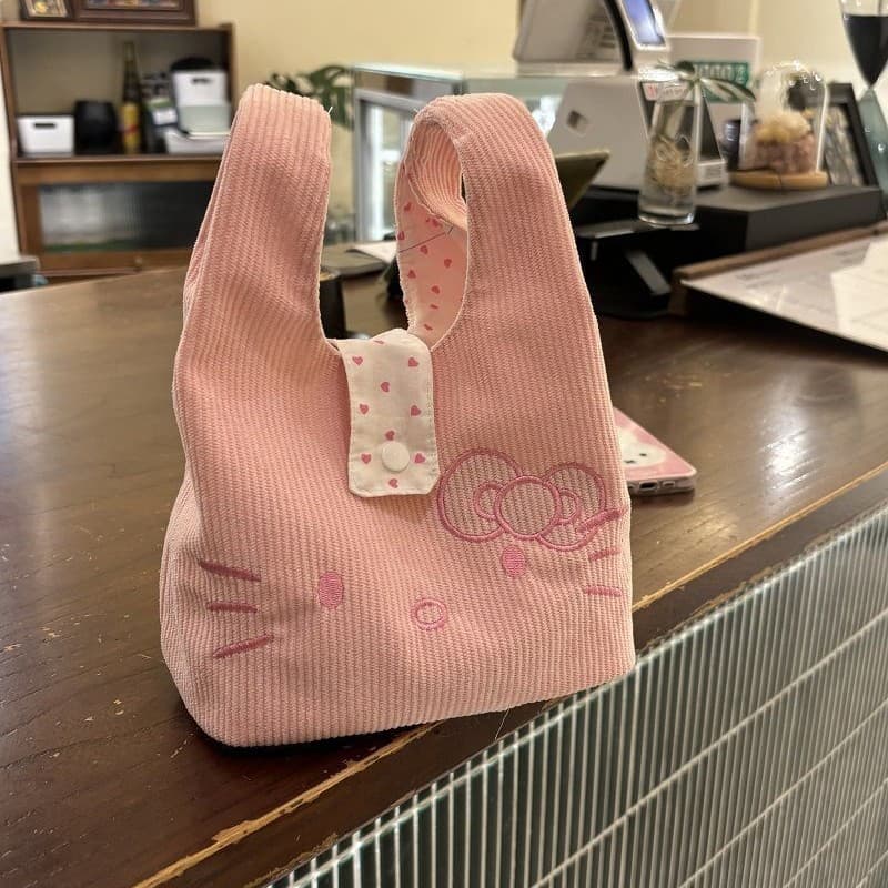 Cute Pink Kitty Embroidered Corduroy Wrist Bag Portable Handbag Commuter Small Bag High-Aesthetic Storage Bag