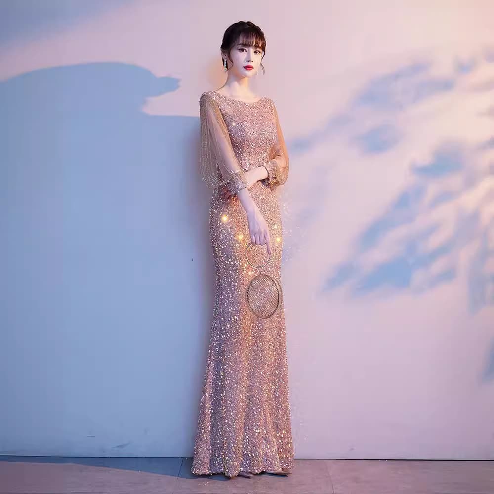 2026 New Sequin Light Luxury Slim Fishtail Evening Gown for Banquet Hostess Dress