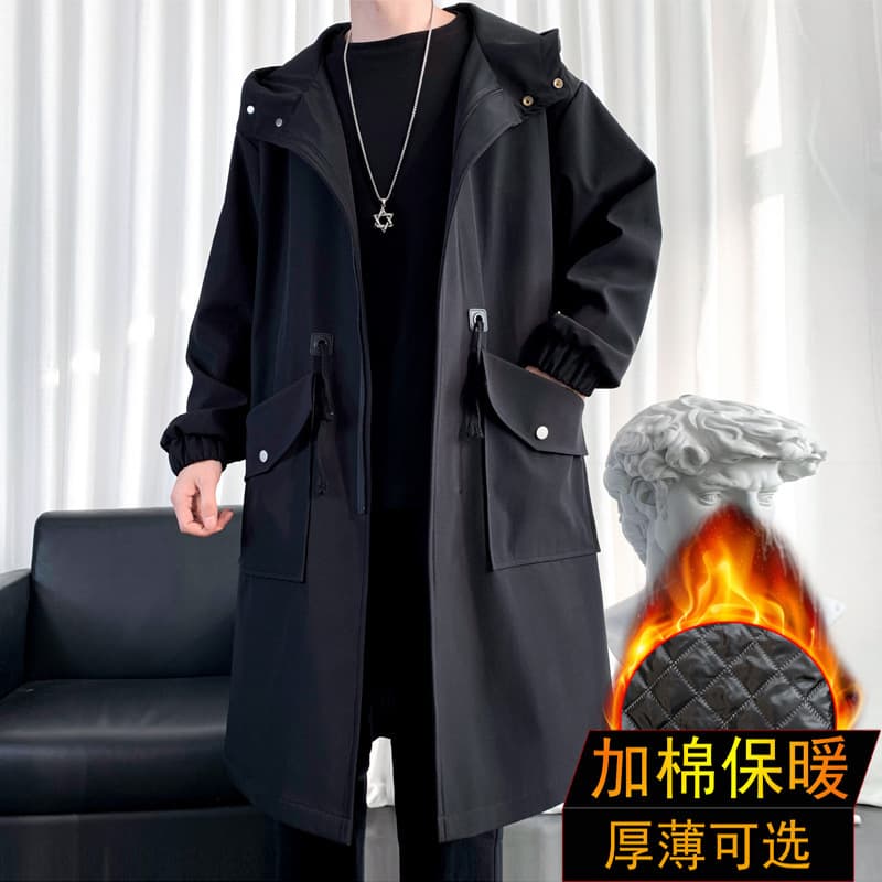 Winter New Men's Solid Color Loose Mid-Long Hooded Coat Korean Style Oversize Casual Trench Coat Thick/Thin Options Available
