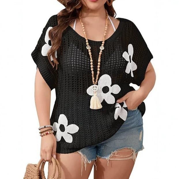In Stock European Size Women's Plus Size Knit Top Short Sleeve Hollow Out Loose Low Round Neck Beach Crochet Cover-Up