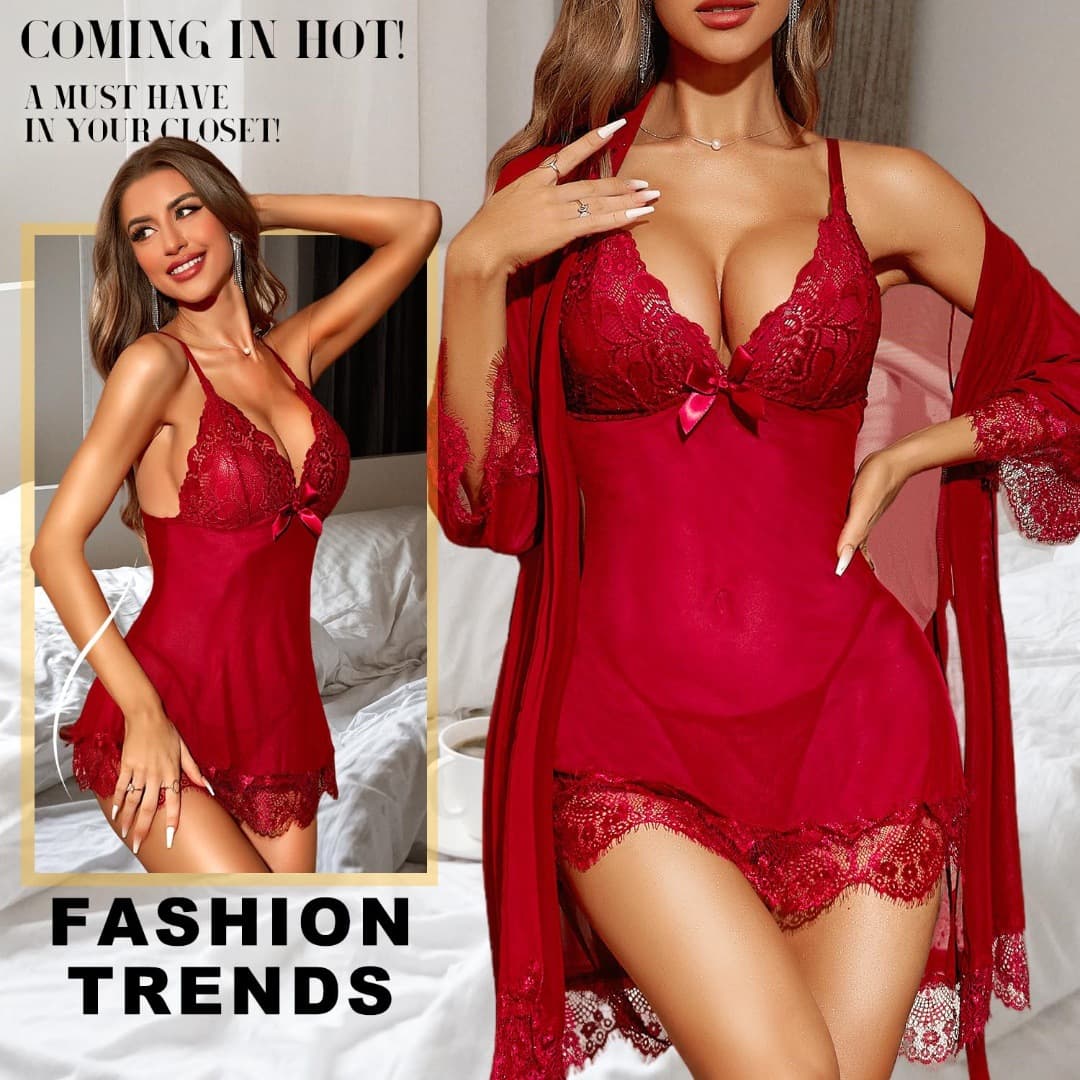 Lace Camisole Sleep Dress Sexy Deep V Lingerie Women Mesh Robe See-Through Homewear Set Cross-Border Supply