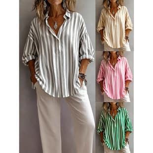2026 Cross-Border Export European-American Women's Clothing Amazon Spring Shirt Collar Long Sleeve Stripe Casual Women's Blouse