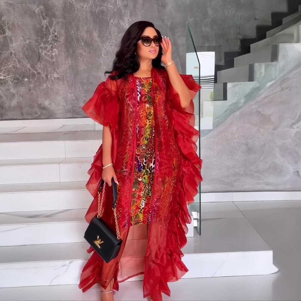 African design women's dress ruffled mesh elastic print inner dress set cross-border e-commerce original source ready stock