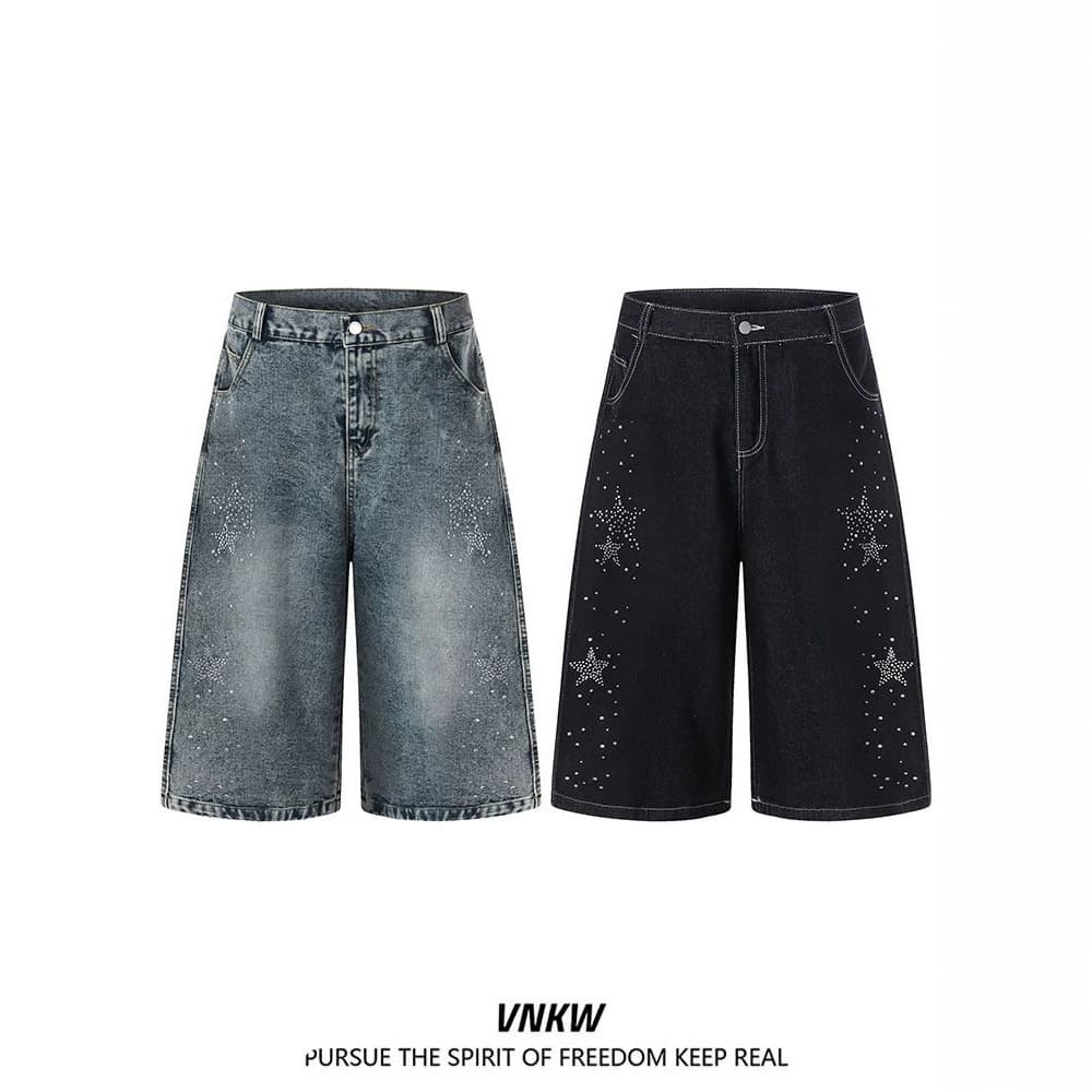 Washed Heavy Craft Rhinestone Star Seven-Tenths Jeans for Men and Women, Summer American High Street Retro Loose Wide Leg Shorts