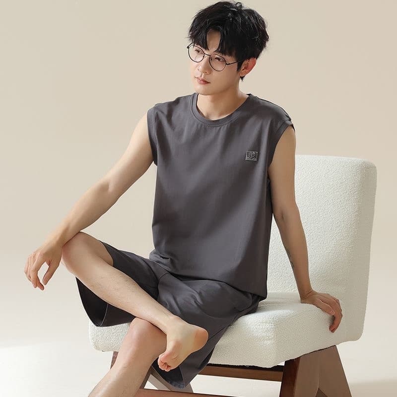Summer Men's Vest and Shorts Set, Sleepwear, Sportswear, Casual Solid Color Loungewear, Wearable Outside