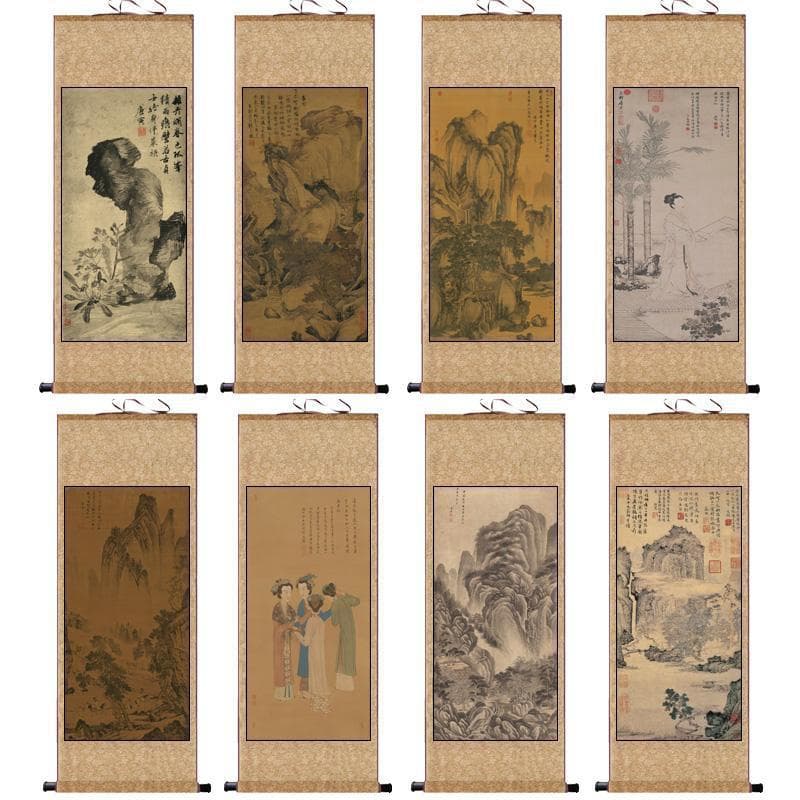 Tang Yin Landscape Calligraphy and Painting, Antique-style Masterpiece Art, Hotel Decoration Hanging Scroll, Silk Gift Scroll with Flower and Bird Themes
