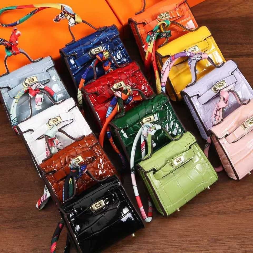 Mini Kelly Bag Charm Crocodile Pattern Exquisite Coin Purse Bag Charm High-End Car Keychain Car Interior Decoration
