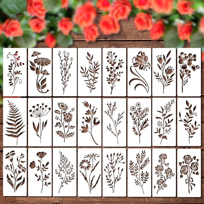 24 Pieces Spring Flower Wild Grass Drawing Floral Theme DIY Graphite Hollow Pet Template Eco-Friendly White Material Art Supplies