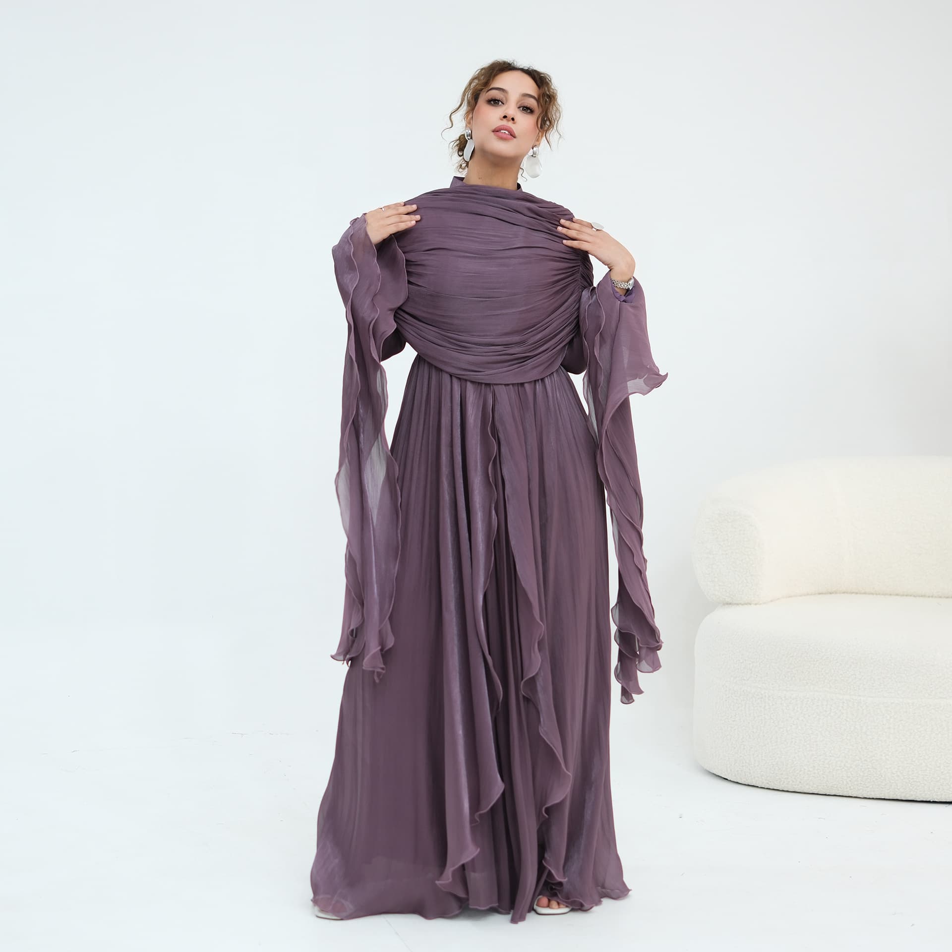 Real shot, double-layer fabric dress with shoulder cape and cinched waist 1169, no headscarf