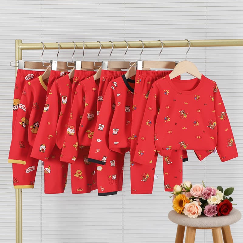 Children's New Year Seamless Lycra Underwear Set for Boys and Girls, Seamless Craftsmanship, Red Zodiac Year Long Johns