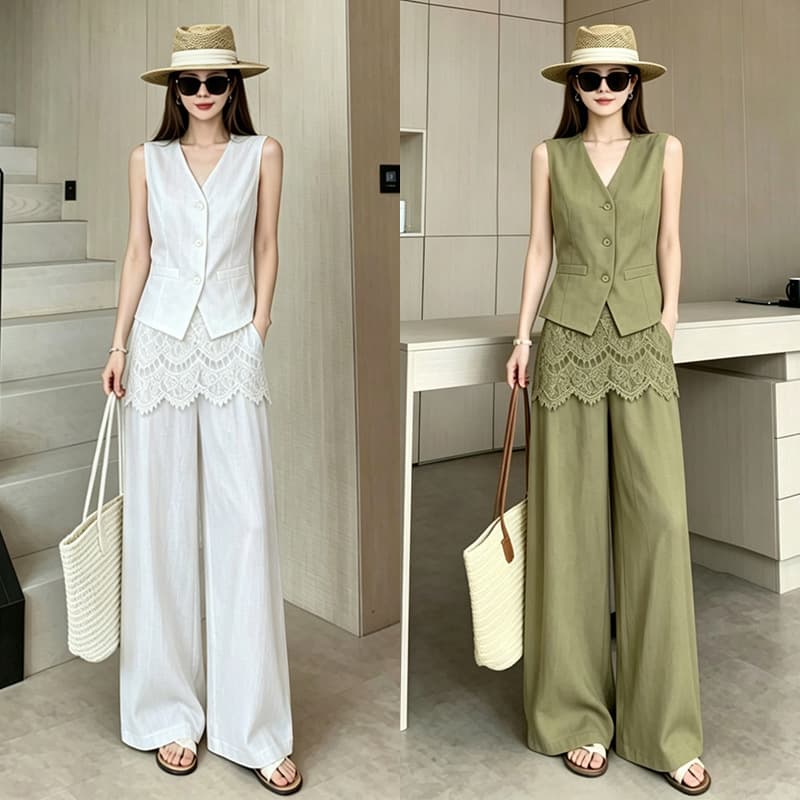 Old Money Style Complete Elegant Slimming Outfit: High-End Lace Trim Vest, Skirt, and Wide-Leg Pants Three-Piece Set