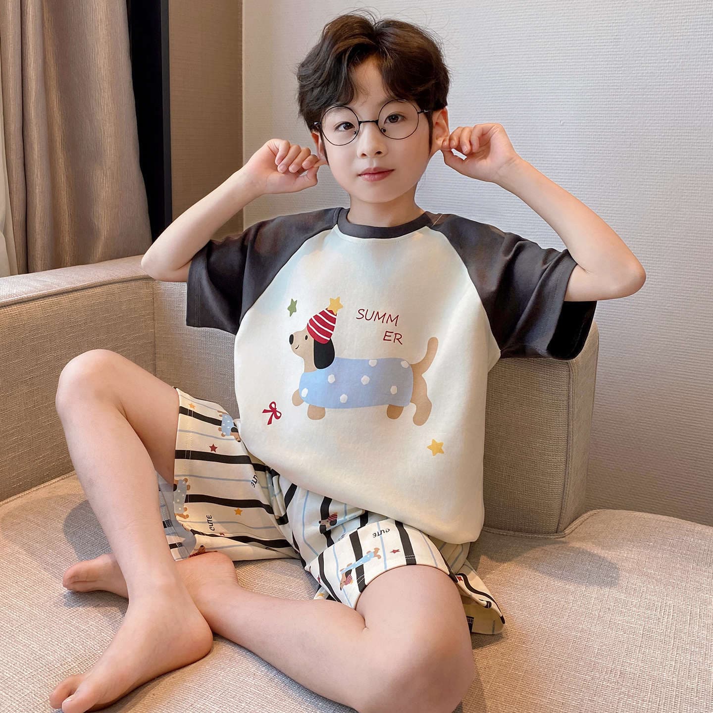 Boys' Pajamas Kids 2026 New Summer Thin Striped Pure Cotton Short Sleeve Cartoon Home Clothes for Big and Middle Boys