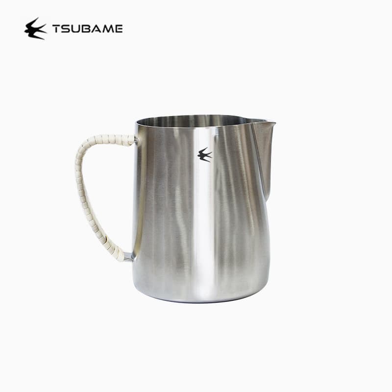 Japan Tsubame Handmade Rattan Weave Pointed Spout Frothing Jug, Stainless Steel Professional Alligator Mouth Milk Frothing Cup