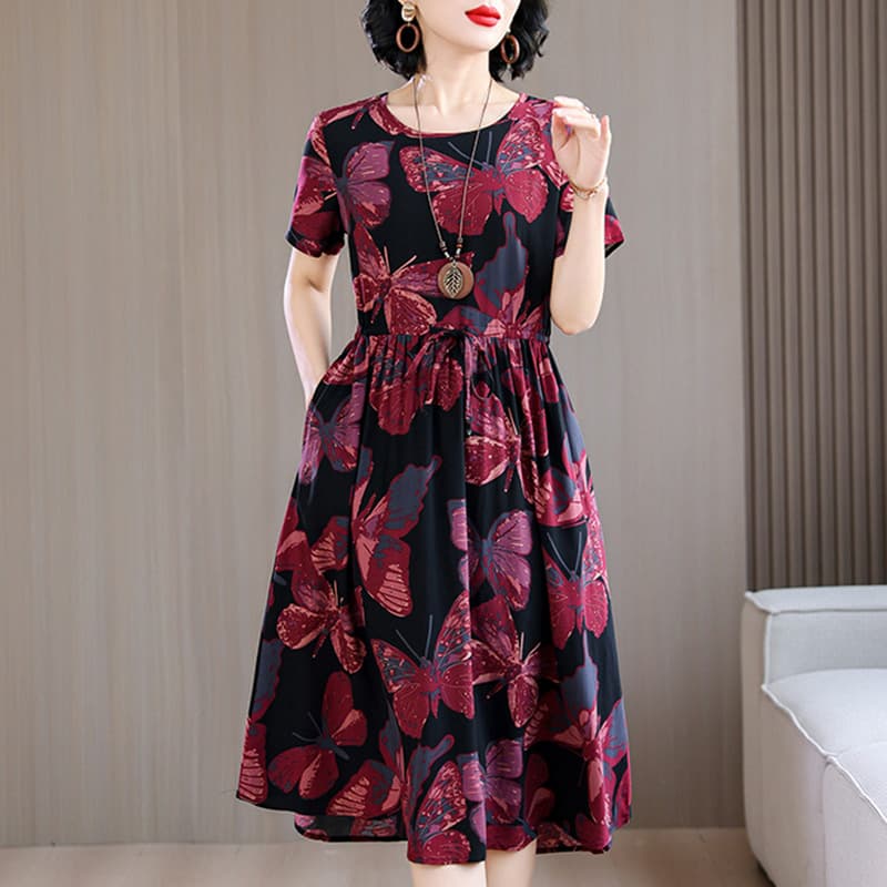 New Cotton Silk Dress for Middle-Aged and Elderly Women Summer Young Style Mother Floral Long Skirt Temperament Outerwear