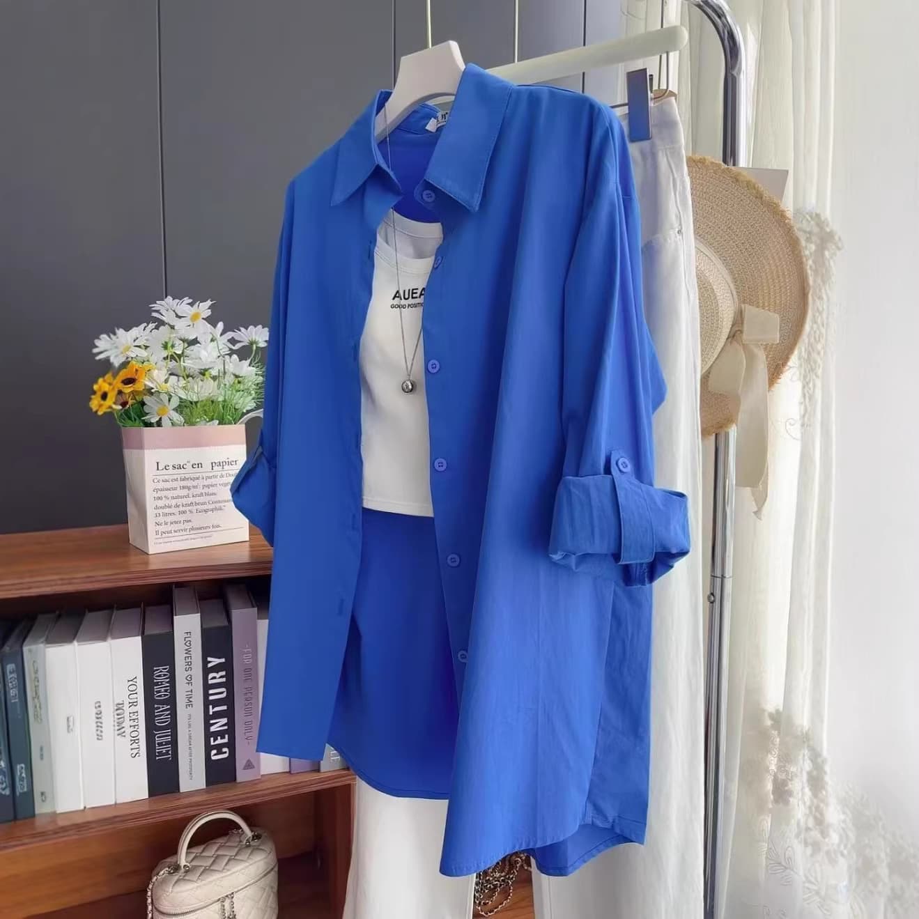 2026 spring and autumn new blue polo collar pure cotton long-sleeved shirt for women loose and versatile mid-length tops