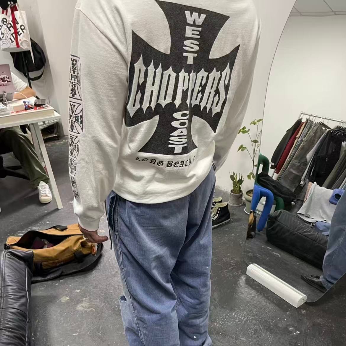 West Coats Heavyweight Vintage American High Street West Coast Cross Letter Print Long Sleeve T-Shirt for Men and Women