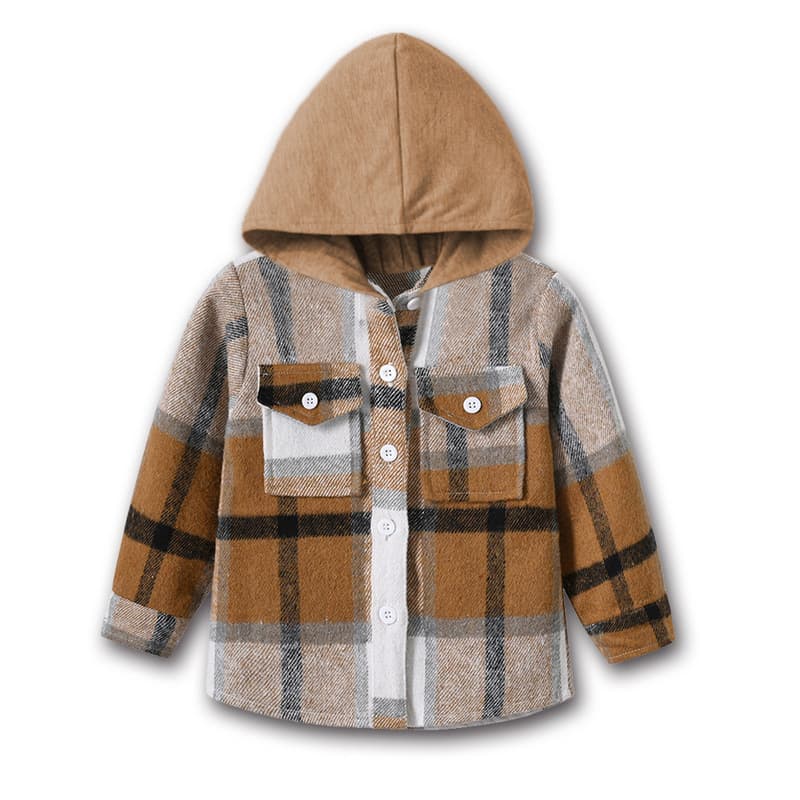 Spring new children's tops, foreign trade unisex hooded long-sleeve brushed flannel shirt jackets, big kids trendy style