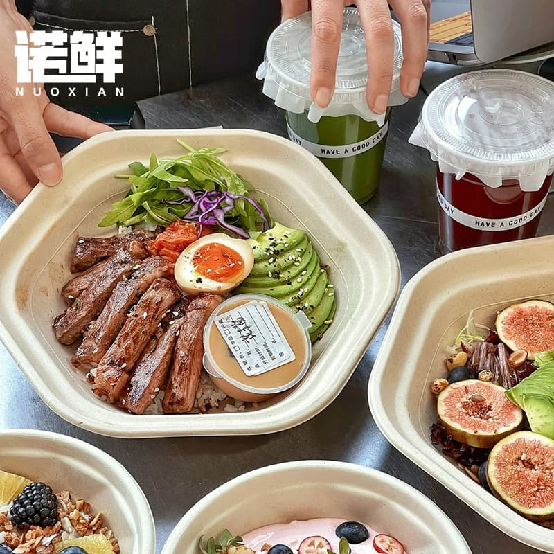 Hexagonal biodegradable pulp bowls for bento/light meals and salad packaging