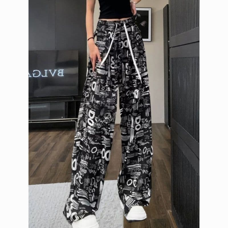 Plus Size Ice Silk Wide-Leg Pants for Women Summer Korean Style New Printed High-Waist Slimming Straight-Leg Casual Pants