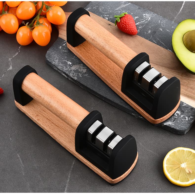 New Wooden Handle Multi-Function Knife Sharpener Household Manual Quick Sharpening Stone Two-Stage Knife Sharpening Kitchen Tool