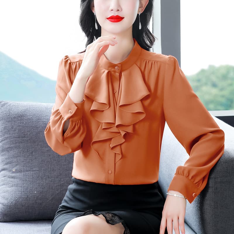 2025 Autumn Long Sleeve Elegant High Neckline Solid Color Commuter Style Design Sense Fashion Unique Top