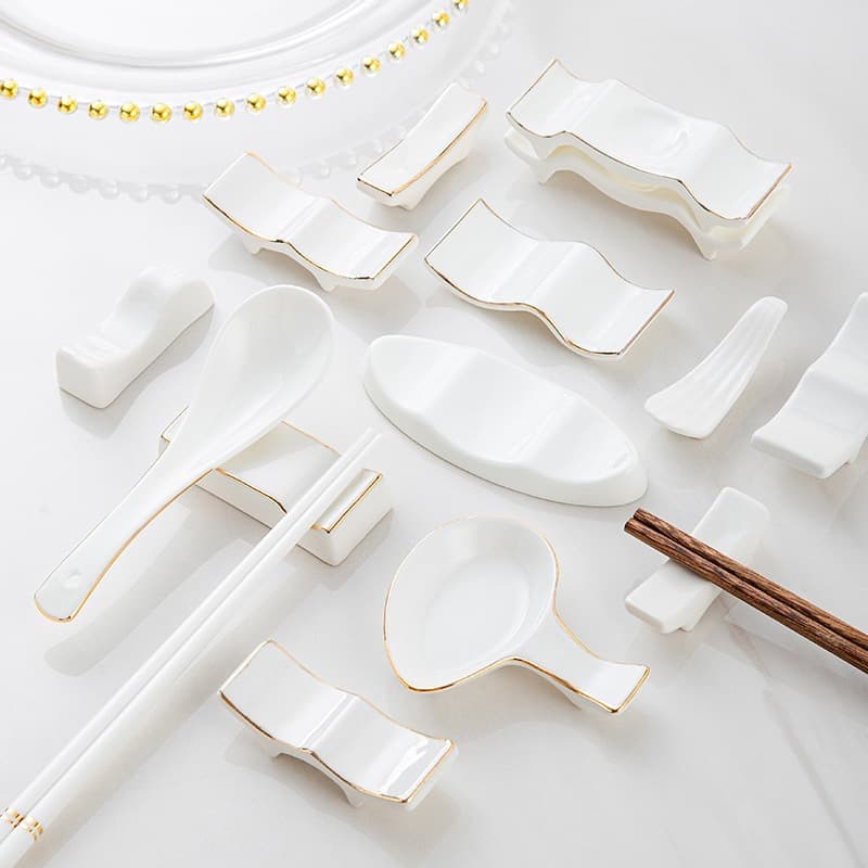 Ceramic Chopstick Rest, Hotel Table Setting White Gold Rim, Restaurant Chopstick Holder, Ceramic Home Gold Rim Three-Use Chopstick Rest