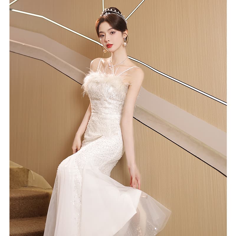 White evening dress for women 2026 new style banquet temperament birthday high-end light luxury niche engagement high-end fishtail