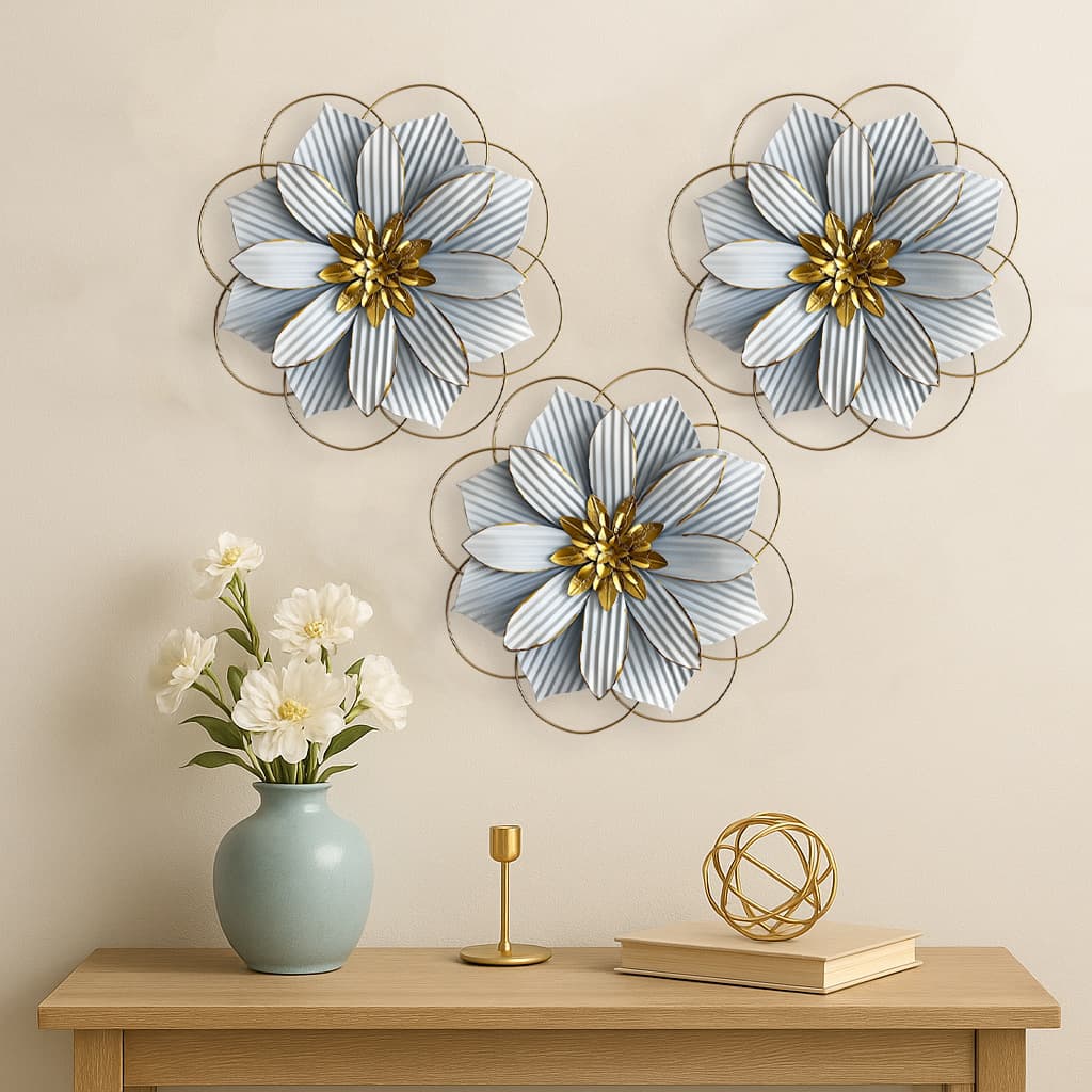 Amazon Four-Layer Petal Handcrafted Iron Flower Farmhouse Style Home Art Wall Decoration Blue White Gold Entryway Hanging