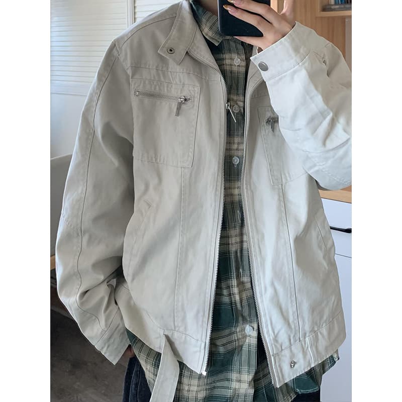 American Vintage Washed Canvas Denim Jacket Unisex Multi-Pocket Stand Collar Workwear Couple Jacket